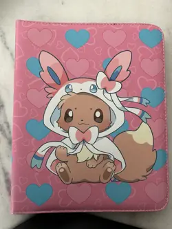 New Pokemon Card Binder Eevee Sylveon Costume Pink Hearts 9-Pocket Zip Album - Image 1