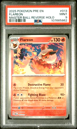 2025 POKEMON PRE EN PRISMATIC EVOLUTIONS POKE BALL REVERSE HOLO FLAREON PSA 9 - Image 1