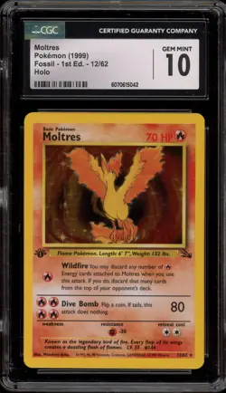 Pokemon Moltres Fossil 1st Edition Holo Rare #12 CGC 10 Gem Mint - Image 1