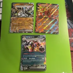 Lot Of 3 English Pokemon Ex Cards Gouging Fire, Farigiraf, Cornerstone Ogerpon - Image 1