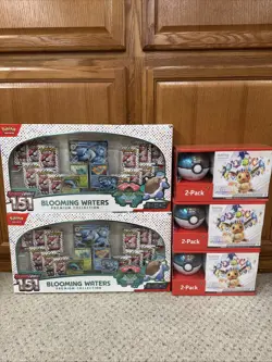 2x Pokemon 151 Blooming Waters + 3x Sam’s Club Prismatic Evolutions ETB Bundle - Image 1
