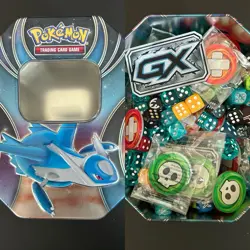 Latios Pokemon Tin (no packs) + Lot of Damage Counters, Poison, Burn, GX Tokens - Image 1