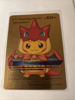Pokemon Pikachu Mega Charizard Y Tag Cosplay Hp634 Gold Foil Fan Art Card #002 - Image 1