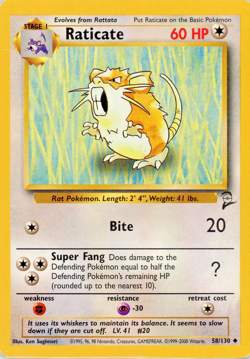 Pokemon TCG Raticate Card #58/131 Base Set 2 LP Light Play Free Shipping - Image 1
