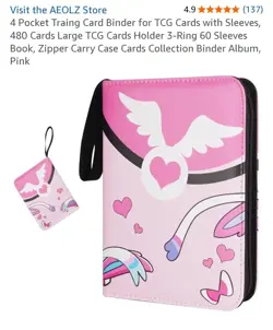 4 Pocket Card Binder 3-Ring 60 Sleeves Book, Zipper Book Pink With Wings - Image 4