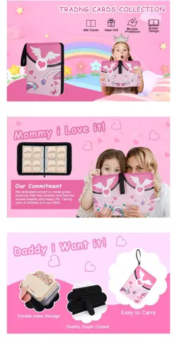 4 Pocket Card Binder 3-Ring 60 Sleeves Book, Zipper Book Pink With Wings - Image 5