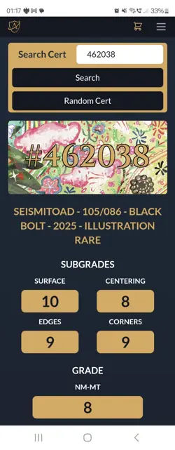 Seismitoad IR 105/086 S&V Black Bolt Shinji Kanda illus Pokemon card ACE 8 Grade - Image 3