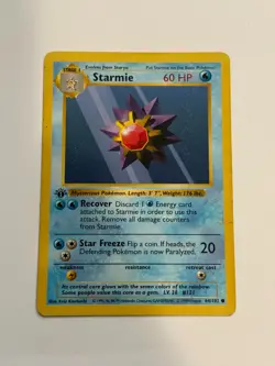 1999 POKEMON CARD EDITION 1 STAGE 1 SHADOWLESS STARMIE 60HP 60 HP NUMBER 64/102 - Image 1