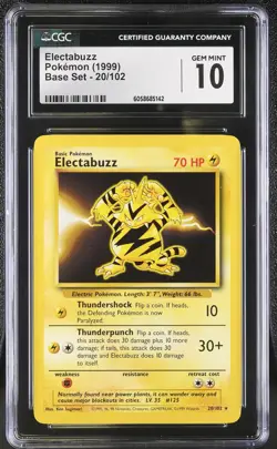 CGC 10 GEM MINT Electabuzz 1999 Base Set 20/102 Pokemon Card psa - Image 1