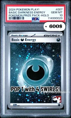 PSA 10 POP 1! 3 SWIRLS 2024 POKEMON PLAY!DARKNESS ENERGY POKEMON PRIZE PACK HOLO - Image 3