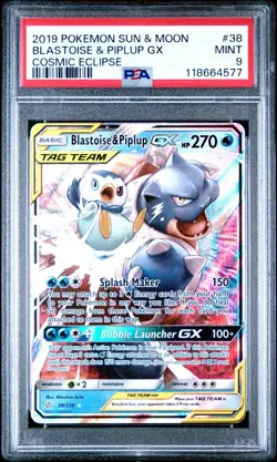 2019 Pokemon Sun & Moon Cosmic Eclipse Blastoise & Piplup GX Tag Team PSA 9 Mint - Image 1