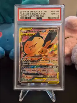 Pokemon Eevee & Snorlax GX Tag Team Tins Full Art Promo SM169 PSA 8 - Image 1
