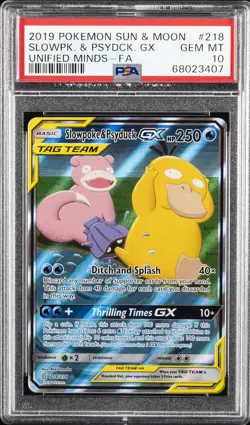 2019 POKEMON SUN & MOON UNIFIED MINDS #218 FULL ART/SLOWPOKE & PSYDUCK GX PSA 10 - Image 1
