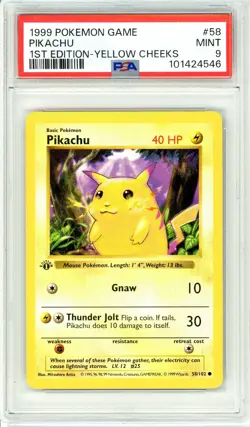 Pokemon Pikachu Yellow Cheeks #58 Base Set 1st Edition PSA 9 Mint - Image 1
