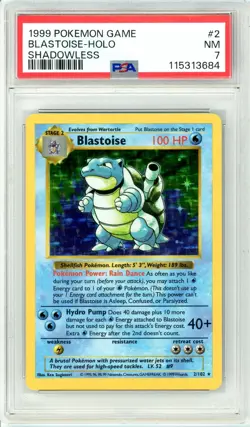 Pokemon Blastoise #2 Base Set Shadowless Holo Rare PSA 7 NM - Image 1
