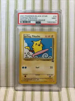 2001 POKEMON PROMO BLACK STAR POKEMON LEAGUE #28 SURFING PIKACHU PSA 9 - Image 1