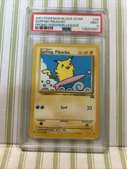 2001 POKEMON PROMO BLACK STAR POKEMON LEAGUE #28 SURFING PIKACHU PSA 9 - Image 3