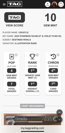 2025 Pokemon S&V Destined Rivals - Crustle #186/182 IR - TAG 10 - PSA - Low Pop - Image 4
