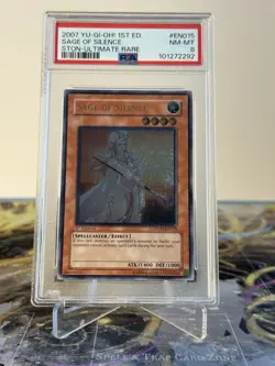Yugioh Sage Of Silence 1st Edition Ultimate Rare STON-EN015 PSA 8 - Image 2