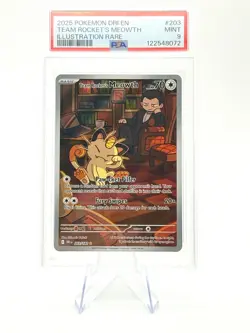 Team Rocket's Meowth 203/182 PSA 9 Illustration Rare Pokemon Destined Rivals - Image 1