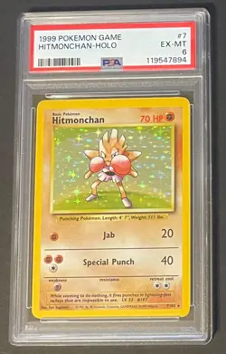 1999 Pokemon Game Base Set #7 Hitmonchan Holo PSA 6 Rare Unlimited - Image 1