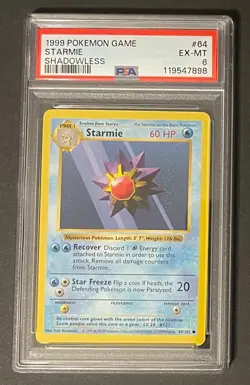 1999 Pokemon Game Base Set PSA 6 Starmie Shadowless #64 Unlimited - Image 1