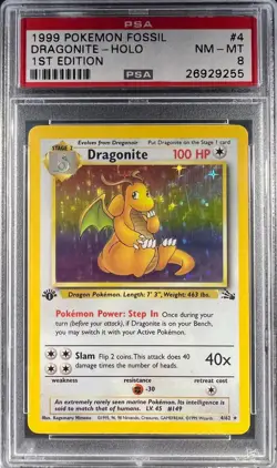 PSA 8 Pokemon Fossil DRAGONITE #4 Holo 1st edition NM - MT 4/62 1st Edition - Image 1
