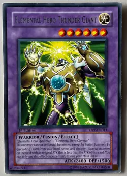YuGiOh! ELEMENTAL HERO THUNDER GIANT Card Lightly Played 1st Edition DP1-EN011 - Image 1