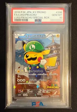 PSA 10 LUIGI PIKACHU 296/XY-P PROMO SPECIAL BOX LIMITED POKEMON CARD - Image 1