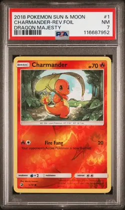 2018 POKEMON SUN & MOON DRAGON MAJESTY #1 CHARMANDER-REVERSE FOIL PSA 7 - Image 1
