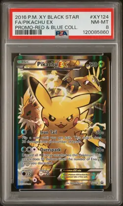 2016 Pokemon XY Black Star Promo Pikachu EX Full Art Red & Blue XY124 PSA 8 - Image 1