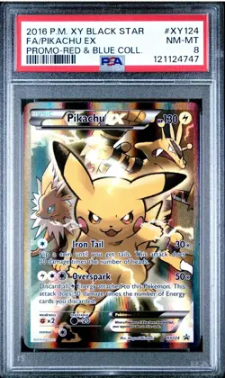 2016 Pokemon XY Black Star Promo Pikachu EX Full Art Red & Blue XY124 PSA 8 - Image 1
