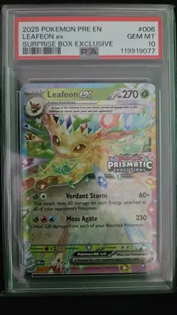 PSA 10 Leafeon ex 006/131 Stamped Prismatic Evolutions Surprise Box Pokemon Card - Image 1