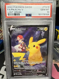Pikachu v TG16/TG30 Swsh11: Lost Origin Trainer Holo Card PSA 10 - Image 1