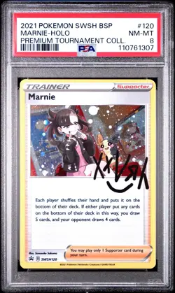 Pokemon Black Star Marnie-Holo Premium Tournament Collection PSA 8 SWSH 120 - Image 1