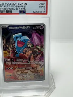 POKEMON DESTINED RIVALS ETB PROMO #203 TEAM ROCKET'S WOBBUFFET Psa 9 - Image 2