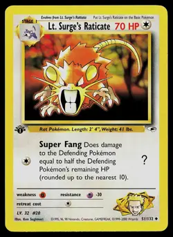 Pokemon Card - Lt. Surge's Raticate Gym Heroes 51/132 1st Edition - Image 1