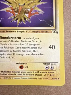 Pokemon TCG card Zapdos Fossil 30/62 Regular 1st Edition Rare Non Holo - LP - Image 4