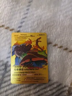 Pokemon Card Gold Foil Fan Art Charizard & Blastoise GX Tag Team Volcanic Blast - Image 1