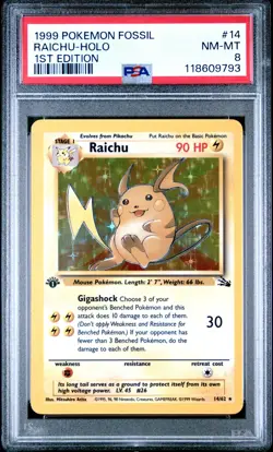 1999 Pokemon Fossil #14 Raichu Holo 1st Edition PSA 8 NM-MINT NEWLY GRADED - Image 1