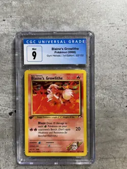 Pokemon Card 1st Ed. Blaine's Growlithe CGC 9 Mint, Gym Heroes 62/132 2000 (1) - Image 1