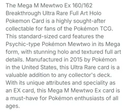 Mega M Mewtwo EX Full Art Holo 160/162 XY Breakthrough Pokemon Card - Image 3