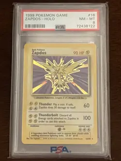 1999 POKEMON BASE SET UNLIMITED #16 ZAPDOS-HOLO PSA 8 - Image 1