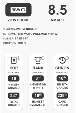 1999 Pokemon Venusaur Base Set 15/102 Holo Rare TAG 8.5 Pop 16! - Image 2
