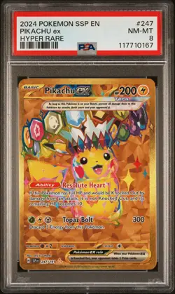 2024 POKEMON SSP EN-SURGING SPARKS HYPER RARE #247 PIKACHU EX PSA 8 - Image 1