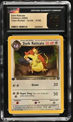 CGC 10 Pristine Dark Raticate 51/82 1st Edition Team Rocket 2000 Pokemon Card - Image 1