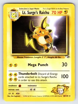 Lt. Surge's Raichu 28/132 Gym Heroes Pokemon Card Vintage WOTC Non Holo Rare Mp - Image 1