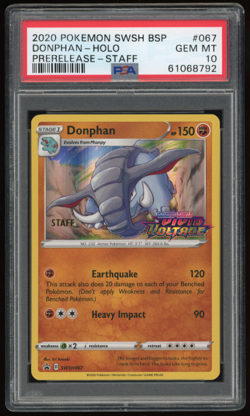 2020 POKEMON SWSH BSP PRERELEASE - STAFF SWSH067 DONPHAN PSA 10 *LOW POP 224* - Image 1