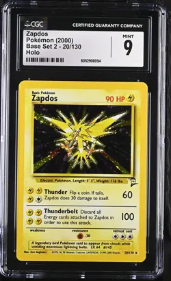 CGC 9 MINT Zapdos 2000 Base Set 2 20/130 Holo Pokemon Card psa - Image 1