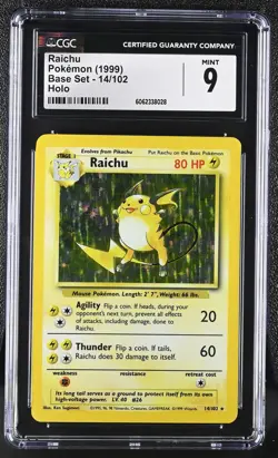 CGC 9 MINT Raichu 1999 Base Set 14/102 Holo Pokemon Card psa - Image 1